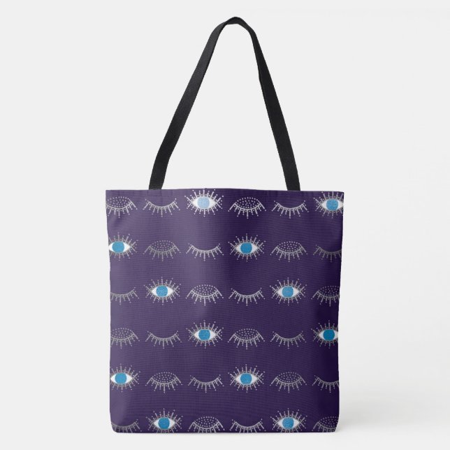 Lila & silber Blue Evil Eye Lashes Nazar Mati Tasche (Vorderseite)