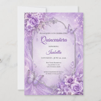 Lila Silber Blumen Prinzessin Quinceañera Einladung