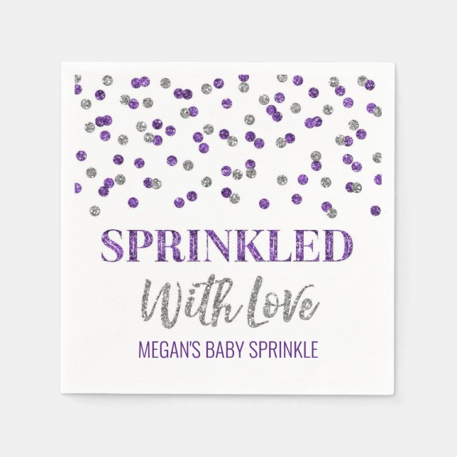 Lila Silber Confetti mit Liebe gesprinklt Serviette (Vorderseite)