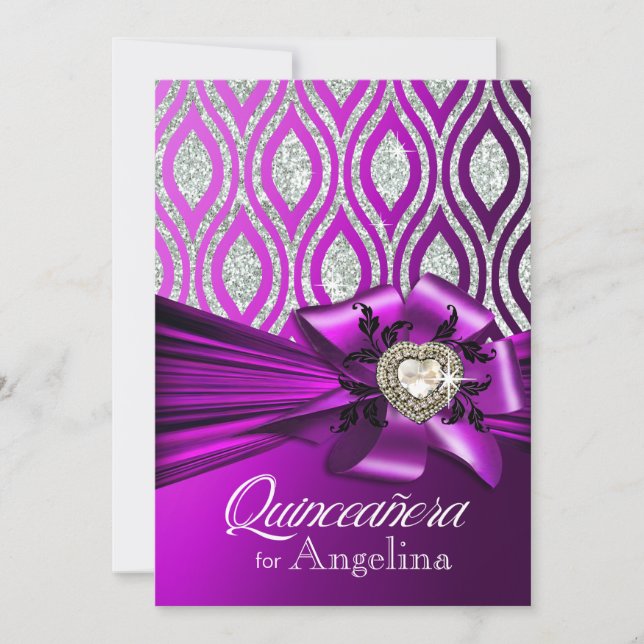 Lila Silber der Quinceanera Glitzer-geometrischen Einladung (Vorderseite)
