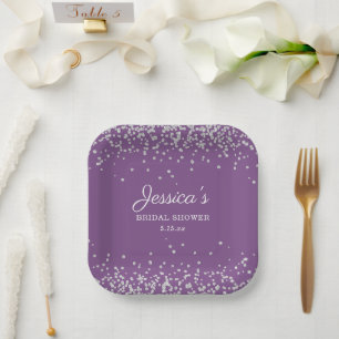 Lila Silber Glitter Braut Name Junggesellinnenabsc Pappteller