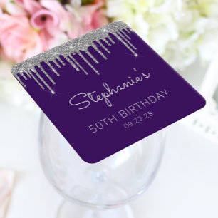 Lila Silber Glitter-Tropf 40. Geburtstagsfeier Rechteckiger Pappuntersetzer