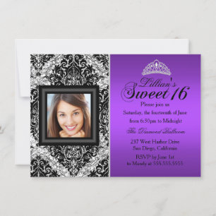 Lila Silber Glitzer Damask Foto Sweet 16 Einladung