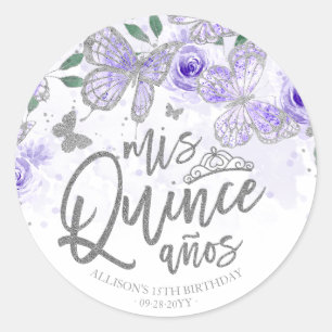 Lila Silber Schmetterling Quinceanera Runder Aufkleber