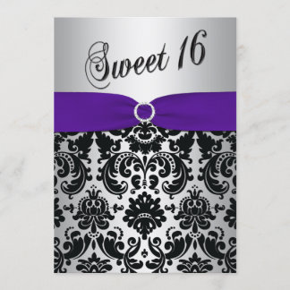 Lila, silber, schwarzer Damast Sweet 16 Einladung
