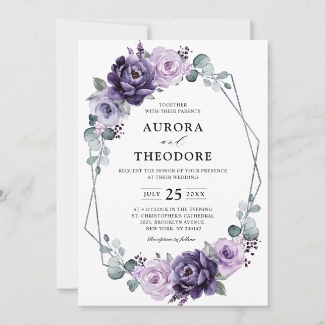 Lila Silberblume Geometrische Hochzeit Einladung (Vorderseite)