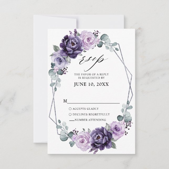 Lila Silberblume Geometrische Hochzeit RSVP Karte (Vorderseite)