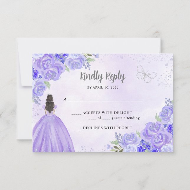 Lila Silberblume Prinzessin Quinceañera RSVP Karte (Vorderseite)