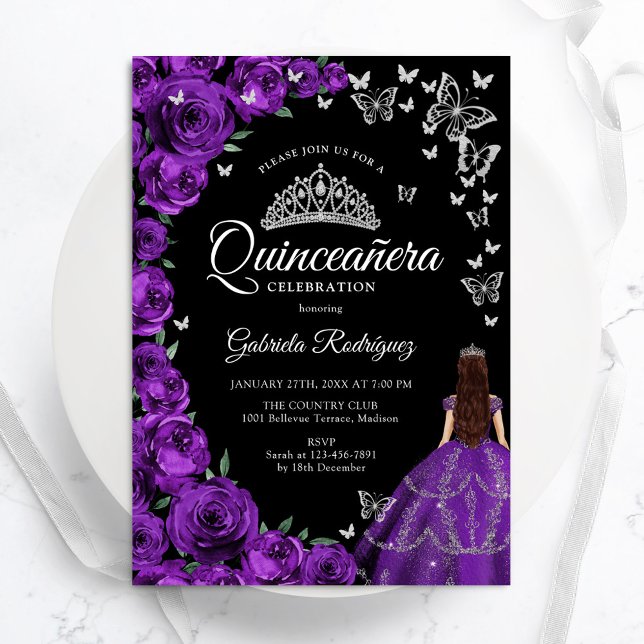Lila Silberflorengatterlinge Quinceanera Einladung (Von Creator hochgeladen)