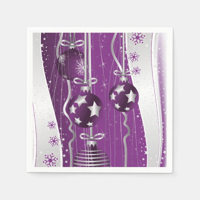 Lila, silbergraue Weihnachtsbälle und Schneeflocke Serviette (Vorderseite)