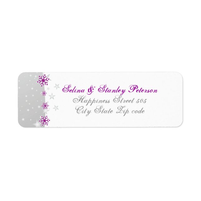 Lila Silbergrauweißes Snowflake-Hochzeitslabel (Vorne)