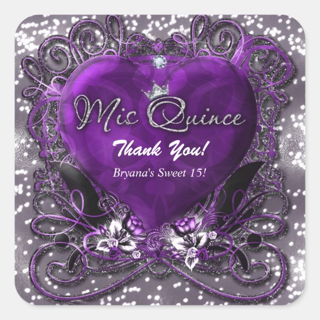 Lila & Silberherz Sparkle Mis Quince 15 Party Quadratischer Aufkleber (Vorderseite)