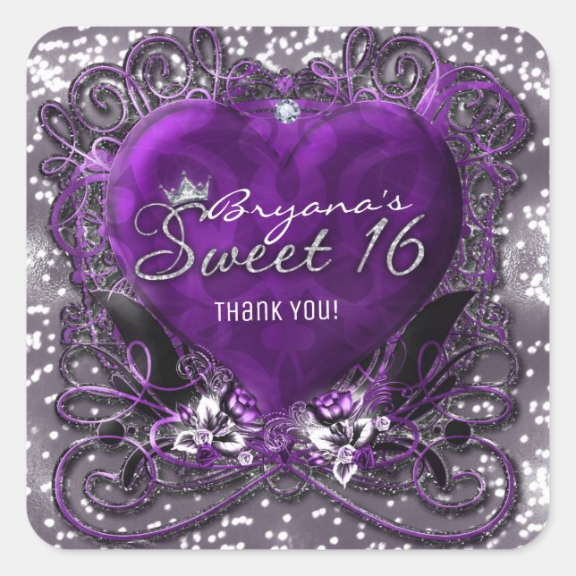 Lila & Silberherz Sparkle Sweet 16 Gastgeschenk Quadratischer Aufkleber (Vorderseite)