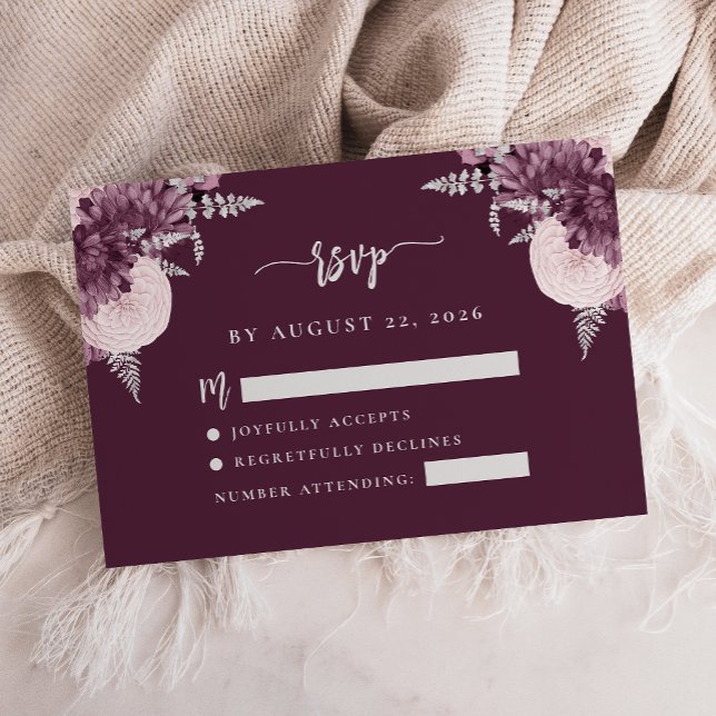 Lila-silberne Blumenskript-Hochzeits-RSVP Begleitkarte (Von Creator hochgeladen)