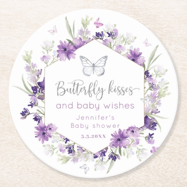 Lila silberne Butterfly kisses baby Dusche Runder Pappuntersetzer (Vorderseite)