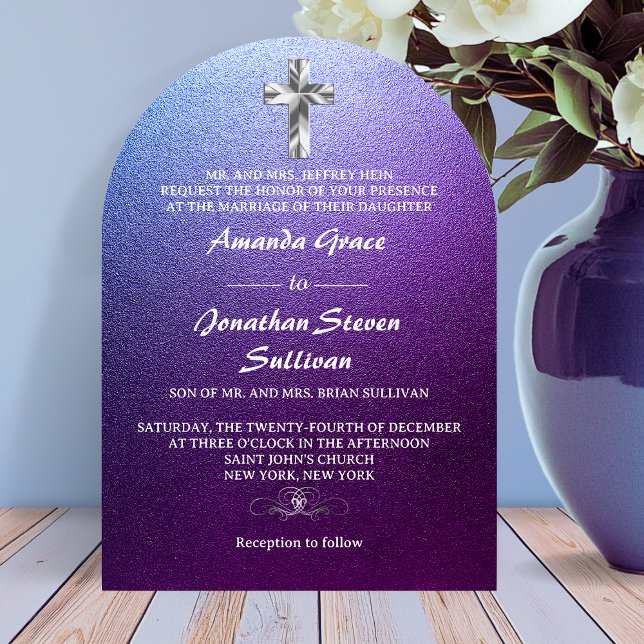 Lila Silberne Christliche, gekreuzte Hochzeit Einladung (Purple Silver Christian Cross Arched Wedding Invitation)