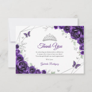 Lila silberne florale Quinceanera Dankeskarte