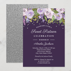 Lila silberne florale Wasserfarbe Sweet Sixteen Einladung