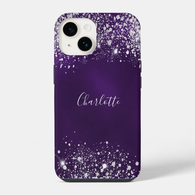 Lila-silberner Glitterstaub-Monogramm-Name iPhone 14 Hülle (Rückseite)