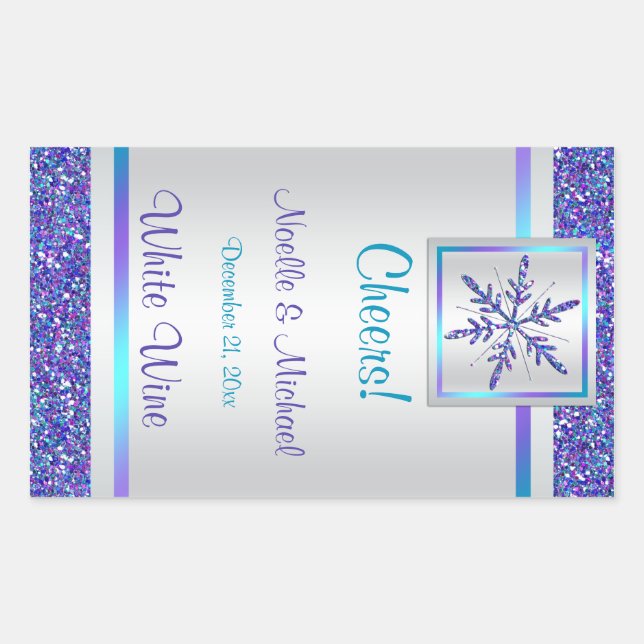 Lila Silberner Glitzer Snowflake Hochzeitssemble W Rechteckiger Aufkleber (Vorderseite)