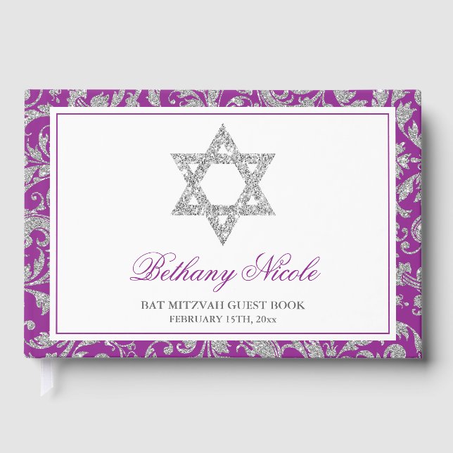 Lila Silberner Glitzer Swirl Damask Bat Mitzvah Gästebuch (Vorderseite)