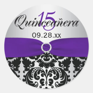 Lila, silberner, schwarzer Damast Quinceanera Runder Aufkleber