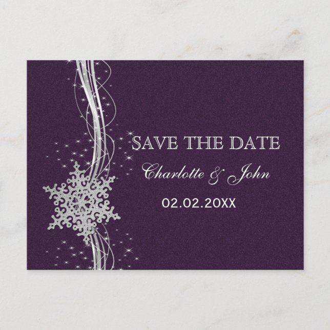 lila Silberschneeflocken Winter Save the Date Ankündigungspostkarte (Vorderseite)
