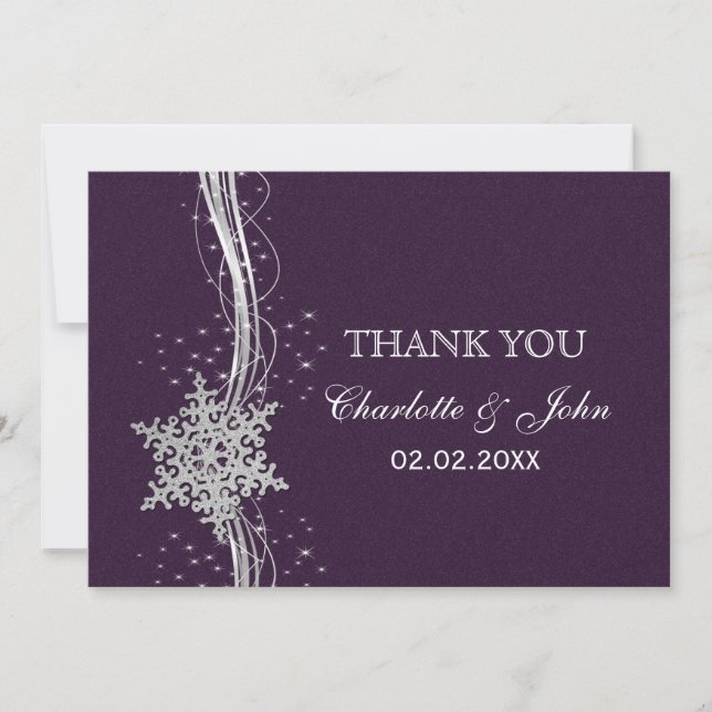 lila Silberschneeflocken Winterhochzeit Danke Einladung (Vorderseite)