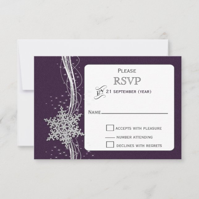 lila Silberschneeflocken Winterhochzeit UAWG RSVP Karte (Vorderseite)