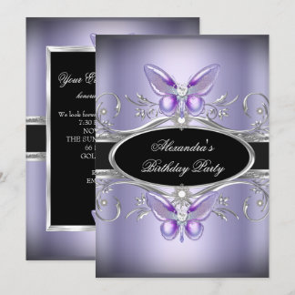 Lila Silberschwarze Jewel Butterfly Geburtstagspar Einladung