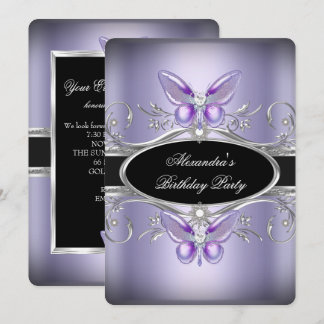 Lila Silberschwarze Jewel Butterfly Geburtstagspar Einladung