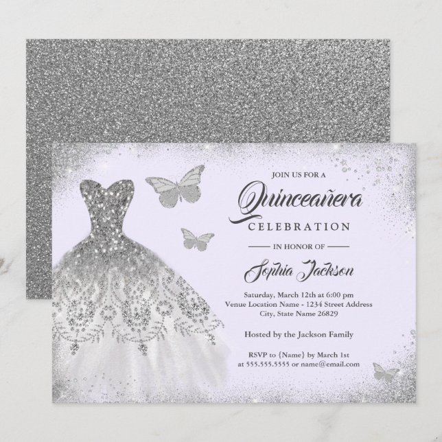 Lila Silberspitzkleid Butterfly Quinceanera Einladung (Vorne/Hinten)