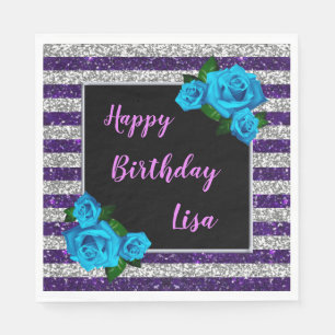 Lila Silberstreifen Streifen Glitzer Blaue Rose Ge Serviette