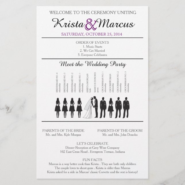 Lila Silhouetten Hochzeitsprogramm Flyer (Vorderseite)