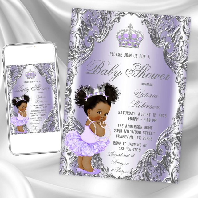 Lila Silver Afro Hair Princess Baby Dusche Einladung (Lavender silver baby shower invitation. Instant download and printed invitations available.)