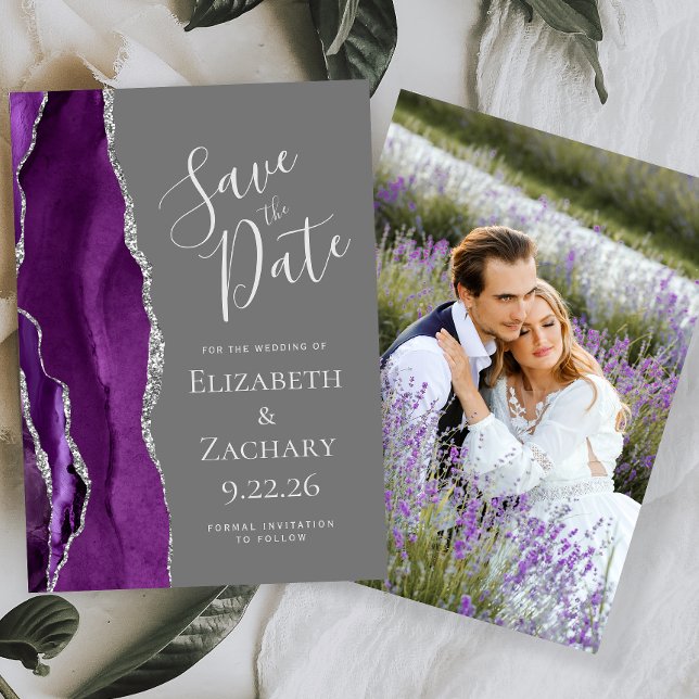 Lila Silver Agate Foto Graue Save the Date Karte (Von Creator hochgeladen)
