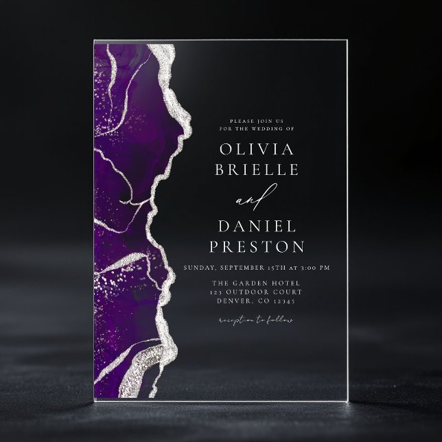 Lila Silver Agate Moderne Hochzeit Acryleinladungen (Von Creator hochgeladen)