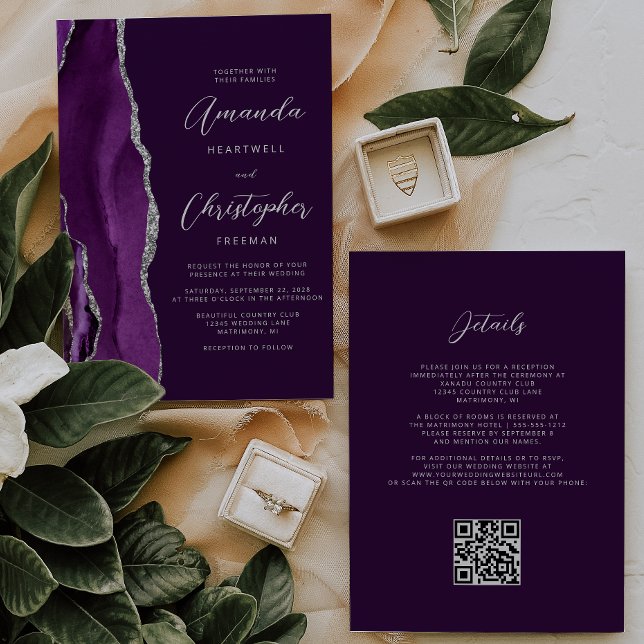 Lila Silver Agate Pum QR Code Hochzeit Einladung (Von Creator hochgeladen)