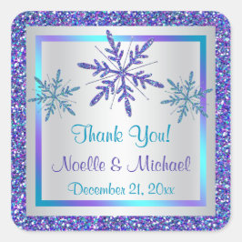 Lila Silver Aqua Glitzer Blick Schneeflocken Aufkl Quadratischer Aufkleber