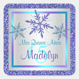 Lila Silver Aqua Glitzer Blick Schneeflocken Aufkl Quadratischer Aufkleber
