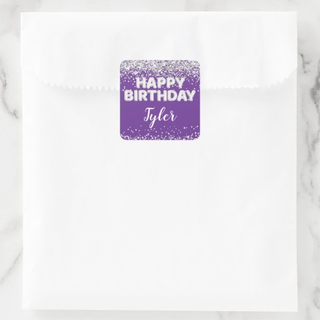 Lila Silver Birthday Party Gefallen Quadratischer Aufkleber (Tasche)