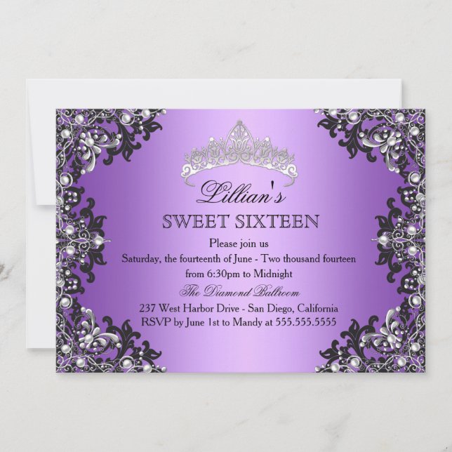 Lila Silver Black Damask Tiara Sweet 16 Einladung (Vorderseite)