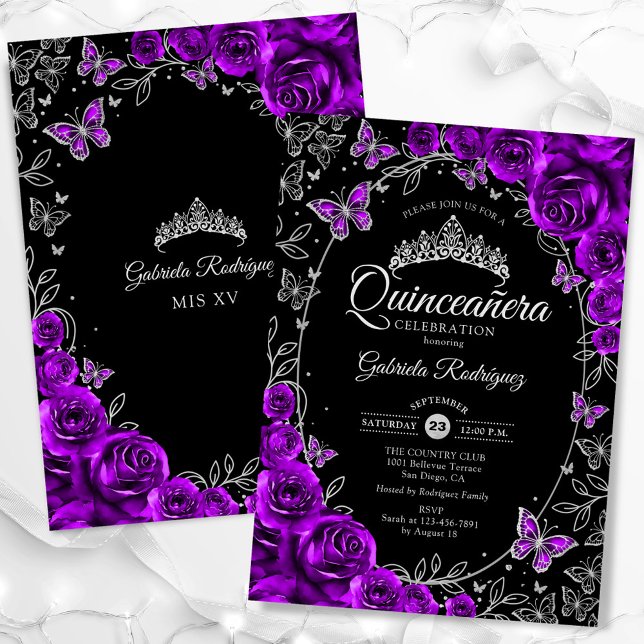 Lila Silver Black Quinceanera Einladung (Von Creator hochgeladen)