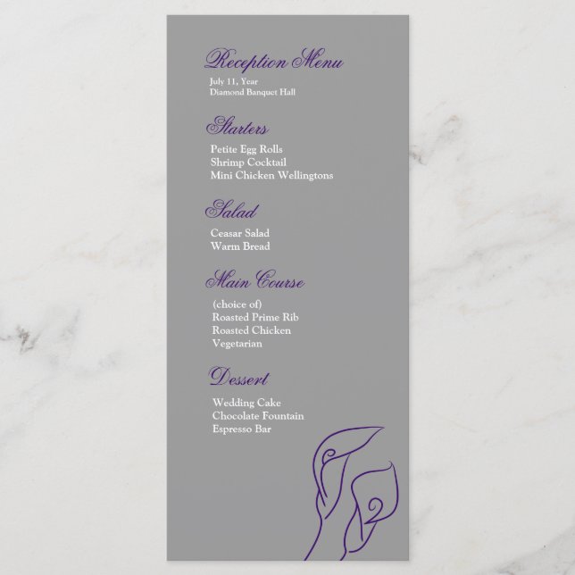 Lila & Silver Calla Lilies Empfang Menu Menükarte (Vorderseite)