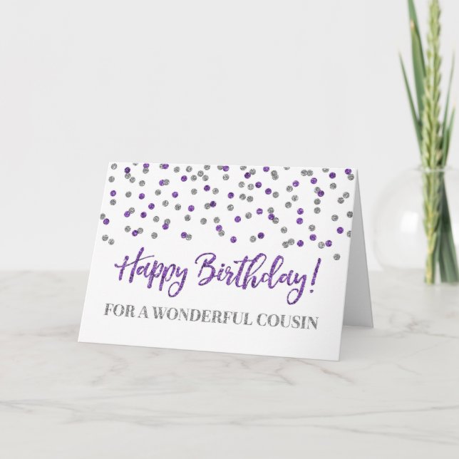 Lila Silver Confetti Cousin Geburtstagskarte Karte (Vorderseite)