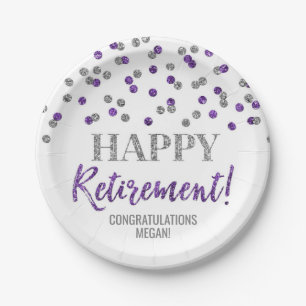 Lila Silver Confetti Happy Rentirement Pappteller