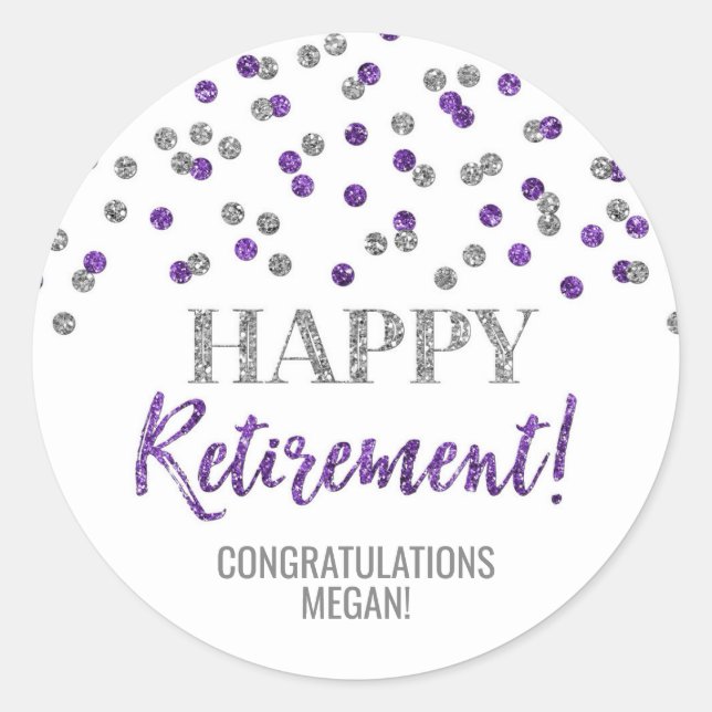 Lila Silver Confetti Happy Rentirement Runder Aufkleber (Vorderseite)