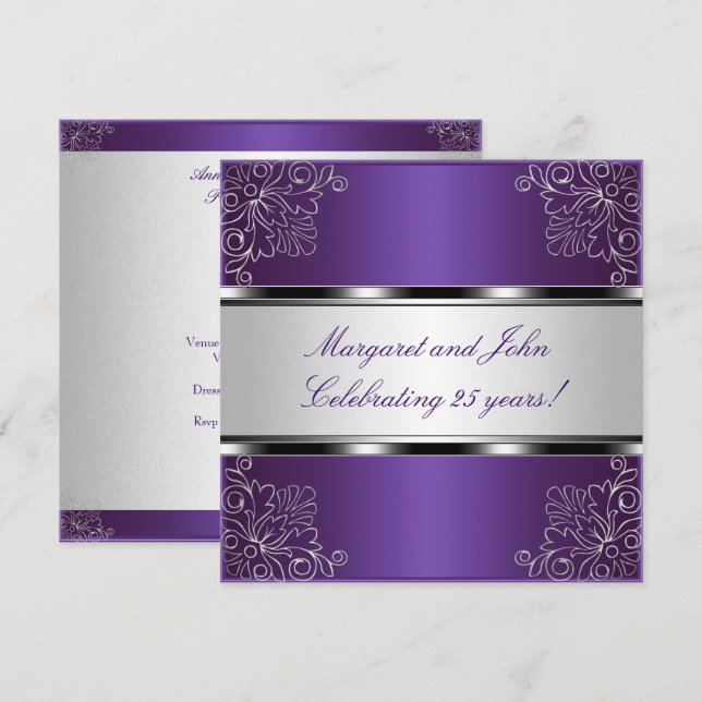 Lila Silver Floral 25-jähriges Party Einladung (Vorne/Hinten)