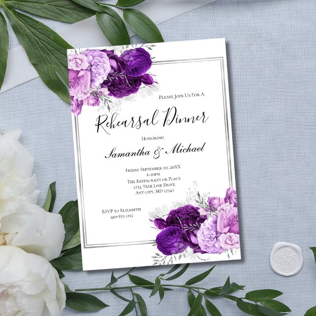 Lila Silver Floral Elegantes Probe Abendessen Einladung (Purple Silver Floral Elegant Wedding Rehearsal Dinner Invitation. Printed  Instant digital download)