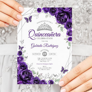 Lila Silver Floral Quinceanera Einladung